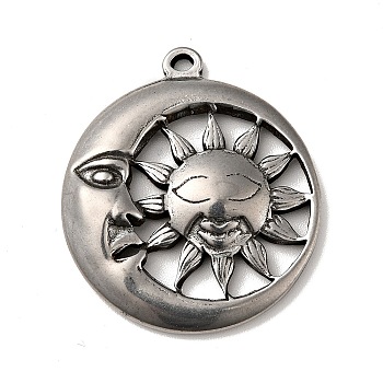 Tibetan Style 304 Stainless Steel Pendants, Sun with Moon Charms, Antique Silver, 29x25x3.5mm, Hole: 1.6mm