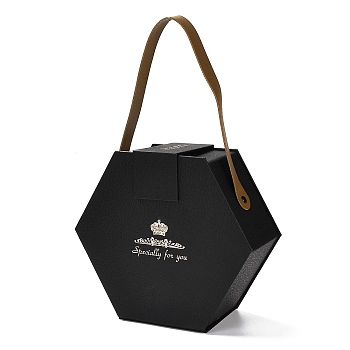 Valentine's Day Hexagon Cardboard Gift Boxes, with PU Imitation Leather Handles, Black, 28.5cm, Bag: 16.5x18.5x8cm