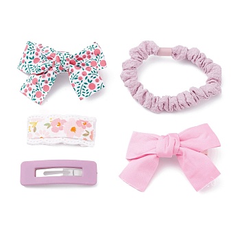 Cloth Accessories Set, Hair Tie & Alligator Hair Clips & Snap Hair Clips, Bowknot & Rectangle, Pink, 13~19mm, Inner Diameter: 38~50mm, 5pcs/bag