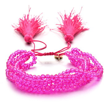 Faceted Glass Braided Bead Bracelets, Adjustable Tassel Woven Multi-strand Bracelets for Women, Magenta