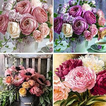4 Sets 4 Style DIY 5D Flower Pattern Canvas Diamond Painting Kits, with Resin Rhinestones, Sticky Pen, Tray Plate, Glue Clay, for Home Wall Decor Full Drill Diamond Art Gift, Mixed Color, 39~40.3x29~30x0.03cm, 1 set/style