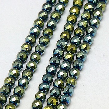 Electroplate Non-magnetic Synthetic Hematite Beads Strands, Faceted, Round, Grade AAAA, Green Plated, 2mm, Hole: 0.5mm, about 200pcs/strand, 16 inch