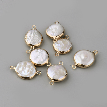 Plated Natural Pearl Links connectors, with Iron Findings, Flat Round, Golden, Beige, 23.5~28x16~19x4~7mm, Hole: 1.6~1.8mm