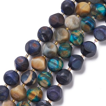 Natural Tiger Eye Beads Strands, Dyed & Heated, Frosted, with Seed Beads, Six Sided Celestial Dice, 13x14x13mm, Hole: 1.5mm, about 25~26pcs/strand, 15.75''~15.94''(40~40.5cm)