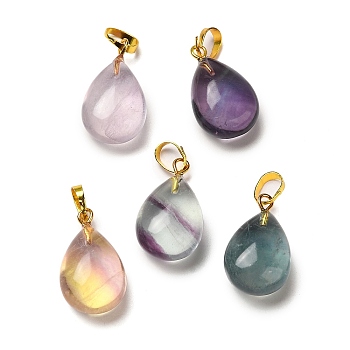 Natural Fluorite Pendants, with Brass Finding, Teardrop, Golden, 19.5x12x8mm, Hole: 4x6mm