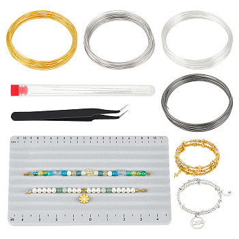 DIY Jewelry Making Finding Kit, Including Steel Memory Wire, Big Eye Beading Needles, Plastic Bead Design Boards, Tweezers, Mixed Color