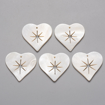 Natural Freshwater Shell Pendants, Heart with Hollow Star, 26x26.5x2mm, Hole: 1.2mm