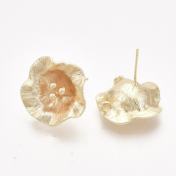 Brass Stud Earring Findings, with Loop, Real 18K Gold Plated, Nickel Free, Flower, 18~19x18~19mm, Hole: 1.4mm, Pin: 0.8mm