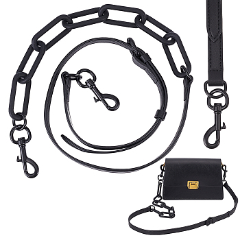 Adjustable Polyester Crossbody Bag Strap, with Swivel Eye Bolt Snap Hook & Acrylic Paperclip Chain, Black, 107cm