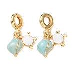 Ocean Brass Enamel European Dangle Charms, Turtle Shell Shape Large Hole Pendants with ABS Plastic Pearl, White and Light Blue, Real 16K Gold Plated, 28mm, Hole: 5mm(KK-H278-06G)