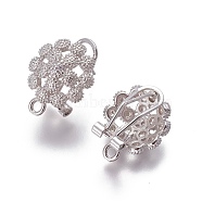 Brass Micro Pave Cubic Zirconia Stud Earring Findings, French Clip Earrings, with Loop, Flower, Clear, Platinum, 19x14.5x12mm, Hole: 1.8mm, Pin: 0.7mm(KK-O121-15P)