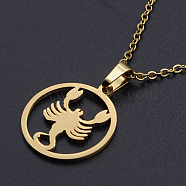 201 Stainless Steel Pendants Necklaces, with Cable Chains and Lobster Claw Clasps, Flat Round with Constellation/Zodiac Sign, Scorpio, 15-3/4 inch(40cm), 1.5mm(NJEW-S105-JN626-8G)