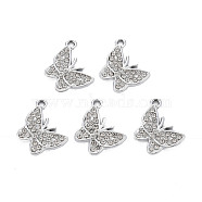 Alloy Pendants, with Crystal Rhinestone, Cadmium Free & Lead Free, Butterfly, Platinum, 19.5x16.5x2.5mm, Hole: 1.6mm(X-ALRI-T009-01P-RS)