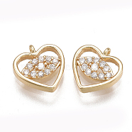 Brass Micro Pave Cubic Zirconia Charms, Nickel Free, Real 18K Gold Plated, Heart with Eye, Clear, 9x8x2mm, Hole: 0.9mm(KK-T038-384G)