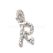 Rack Plating Brass Micro Pave Cubic Zirconia European Dangle Charms, Large Hole Letter Pendant, Platinum, Long-Lasting Plated, Cadmium Free & Lead Free, Letter R, 25.5mm, Charm: 18x11x2mm, Hole: 4x2.5mm(KK-L210-015P-R)