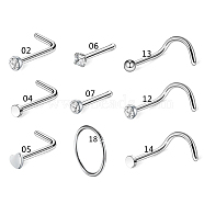 Clear Cubic Zirconia Nose Studs & Rings, 316 Surgical Stainless Steel L-shape & Fishtail & Hoop & Nose Bone Rings, Piercing Jewelry for Women, Stainless Steel Color, 10mm, 9 Styles, 1Pc/style, 9Pcs(AJEW-PW0005-20D)