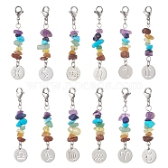 Chakra Theme Natural Gemstone Chips Decorations, 12 Constellation Pendant Decorations, with 304 Stainless Steel Lobster Claw Clasps, Mixed Color, 60mm(HJEW-JM01003)