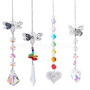 4Pcs 4 Style Hanging Suncatcher, Iron & Faceted Glass Pendant Decorations, with Jump Ring, Butterfly/Bee/Heart, Mixed Color, 330~380x1~2mm, 1pc/style(AJEW-SC0001-53)