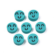 Handmade Polymer Clay Beads, Flat Round with Expression, Dark Turquoise, 9~10x4~5mm, Hole: 1.6mm(CLAY-N008-065-A03)