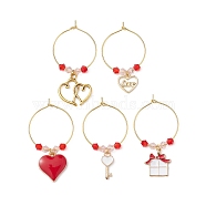 Valentine's Day Alloy Enamel Wine Glass Charms, with Stainless Steel Hoop Earring Findings and Glass Seed Bead, Heart/Key/Gift Box, Red, 43~50mm(AJEW-JO00207)