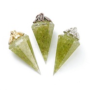 Resin Pointed Pendants, with Natural Olive Quartz Inside and Brass Findings, Faceted, Cone/Spike/Pendulum, 43.5x17x19.5mm, Jump Ring: 6x1mm, 4mm Inner Diameter(G-L571-01A)