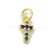 Brass Micro Pave Cubic Zirconia Charms, Real 18K Gold Plated, Cross Charms, Colorful, 10x5x2mm, Hole: 3mm(KK-M283-20H-02)