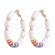 Basketball Wives Style Brass Heishi Beaded Hoop Earrings, with Natural Cultured Freshwater Pearl Beads and Plastic Earring Backs, PapayaWhip, 51x49~49.5mm, Pin: 0.8mm(EJEW-JE04086-01)