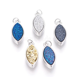 Druzy Resin Pendants, with Brass Finding, Horse Eye, Platinum, Mixed Color, 21x9x4~6mm, Hole: 3mm(KK-J273-CP)