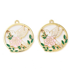 Rack Plating Alloy Enamel Pendants, Golden, Ring with Flower & Bird Charm, Pink, 30.5x27x1mm, Hole: 2mm(FIND-Q099-04A-01)
