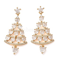 Brass Micro Pave Cubic Zirconia Stud Earrings, Star Christmas Tree Dangle Earring for Women, Long-Lasting Plated, Golden, 44x21mm(EJEW-H103-23G)