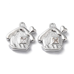 Brass Glass Charms, House, Real Platinum Plated, 11x11x2.5mm, Hole: 1mm(KK-G474-07P)