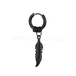 304 Stainless Steel Feather Hoop Earrings, Black, 25x10mm(FS-WG60A23-01)