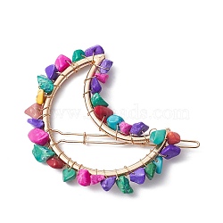 Alloy Hollow Hair Pin, Ponytail Holder Statement, with Wire Wrapped Synthetic Turquoise Chips, Moon, 63.5x69x9.5mm(PHAR-JH00091-02)