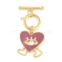 Brass Micro Pave Clear Cubic Zirconia Toggle Clasps, with Enamel, Heart with Eye, Real 18K Gold Plated, Heart: 34mm, Pendant: 18x16x2.5mm, Hole: 1mm, Bar: 18x4.5x3mm, Hole: 1.2mm(KK-K391-25G)