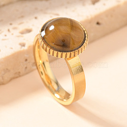 304 Stainless Steel and Natural Tiger Eye Finger Rings, Golden, Oval, US Size 8(18.1mm)(FS-WGCBD79-06)
