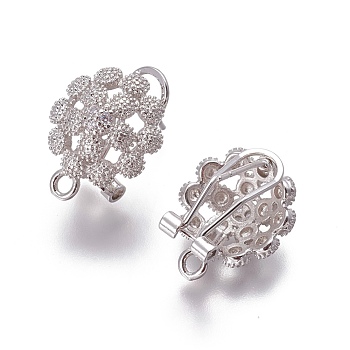 Brass Micro Pave Cubic Zirconia Stud Earring Findings, French Clip Earrings, with Loop, Flower, Clear, Platinum, 19x14.5x12mm, Hole: 1.8mm, Pin: 0.7mm