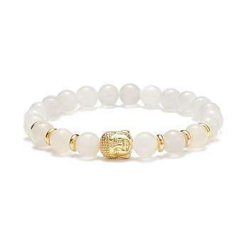 Natural White Moonstone & Alloy Buddha Head Beaded Stretch Bracelet, Gemstone Jewelry for Women, Inner Diameter: 2-3/8 inch(5.9~6.1cm)