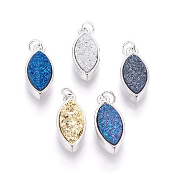Druzy Resin Pendants, with Brass Finding, Horse Eye, Platinum, Mixed Color, 21x9x4~6mm, Hole: 3mm
