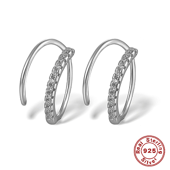 Rhodium Plated 925 Sterling Silver Micro Pave Cubic Zirconia Hoop Earrings, Platinum, 12x9x1mm