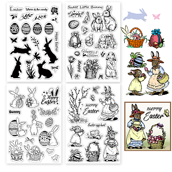 Elite 4 Sheets 4 Styles Easter Theme PVC Plastic Stamps, for DIY Scrapbooking, Photo Album Decorative, Cards Making, Stamp Sheets, Film Frame, Rabbit & Easter Egg & Chick, Easter Theme Pattern, 16x11x0.3cm, 1 sheet/style
