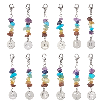 Chakra Theme Natural Gemstone Chips Decorations, 12 Constellation Pendant Decorations, with 304 Stainless Steel Lobster Claw Clasps, Mixed Color, 60mm