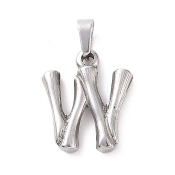 304 Stainless Steel Pendants, Bamboo Style, Stainless Steel Color, Letter.W, 19x16x3mm, Hole: 3x7mm