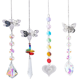 4Pcs 4 Style Hanging Suncatcher, Iron & Faceted Glass Pendant Decorations, with Jump Ring, Butterfly/Bee/Heart, Mixed Color, 330~380x1~2mm, 1pc/style
