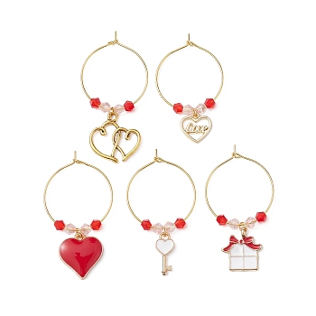 Valentine's Day Alloy Enamel Wine Glass Charms, with Stainless Steel Hoop Earring Findings and Glass Seed Bead, Heart/Key/Gift Box, Red, 43~50mm