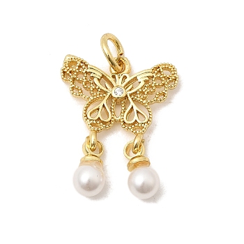Brass Micro Pave Clear Cubic Zirconia Pendants, with ABS Plastic Imitation Pearl, Butterfly Charms, Long-Lasting Plated, Golden, 19x14.5x2mm, Jump Ring: 5x0.8mm, Inner Diameter: 3.4mm