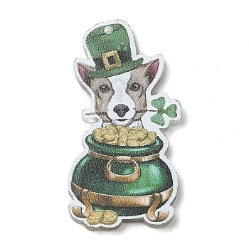 Saint Patrick's Day Opaque Printed Acrylic Pendants, Dog, 44x22x2mm, Hole: 1.6mm