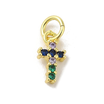 Brass Micro Pave Cubic Zirconia Charms, Real 18K Gold Plated, Cross Charms, Colorful, 10x5x2mm, Hole: 3mm