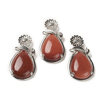Synthetic Goldstone Pendants, with Brass Findings, Flower with Teardrop, 56x28x8mm, Hole: 5x2.5mm