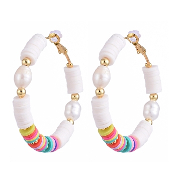 Basketball Wives Style Brass Heishi Beaded Hoop Earrings, with Natural Cultured Freshwater Pearl Beads and Plastic Earring Backs, PapayaWhip, 51x49~49.5mm, Pin: 0.8mm