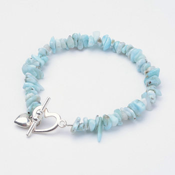 Natural Larimar Beaded Bracelets, with Alloy Toggle Clasps, Heart, 8-1/4 inch(20.8cm)